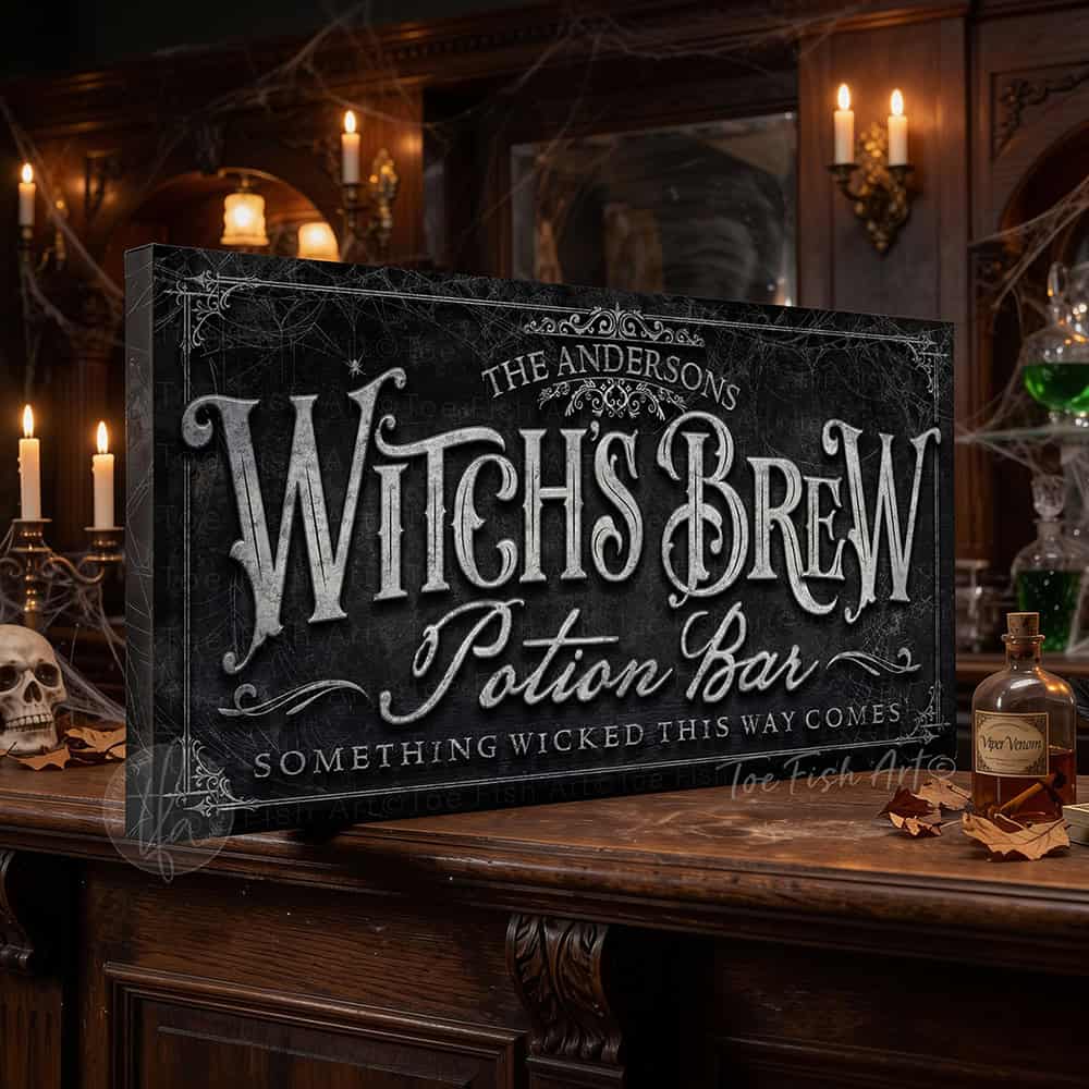 Create the ultimate Halloween home bar, coffee station, or porch display with this personalized Witch’s Brew Potion Bar sign from Toe Fish Art, built for interior and exterior spaces. Choose between premium framed canvas or durable outdoor metal. Toe Fish Art makes artisan wall art with American materials. Proudly Made in the USA, each piece is expertly constructed with genuine craftsmanship, heritage quality, and rustic charm.