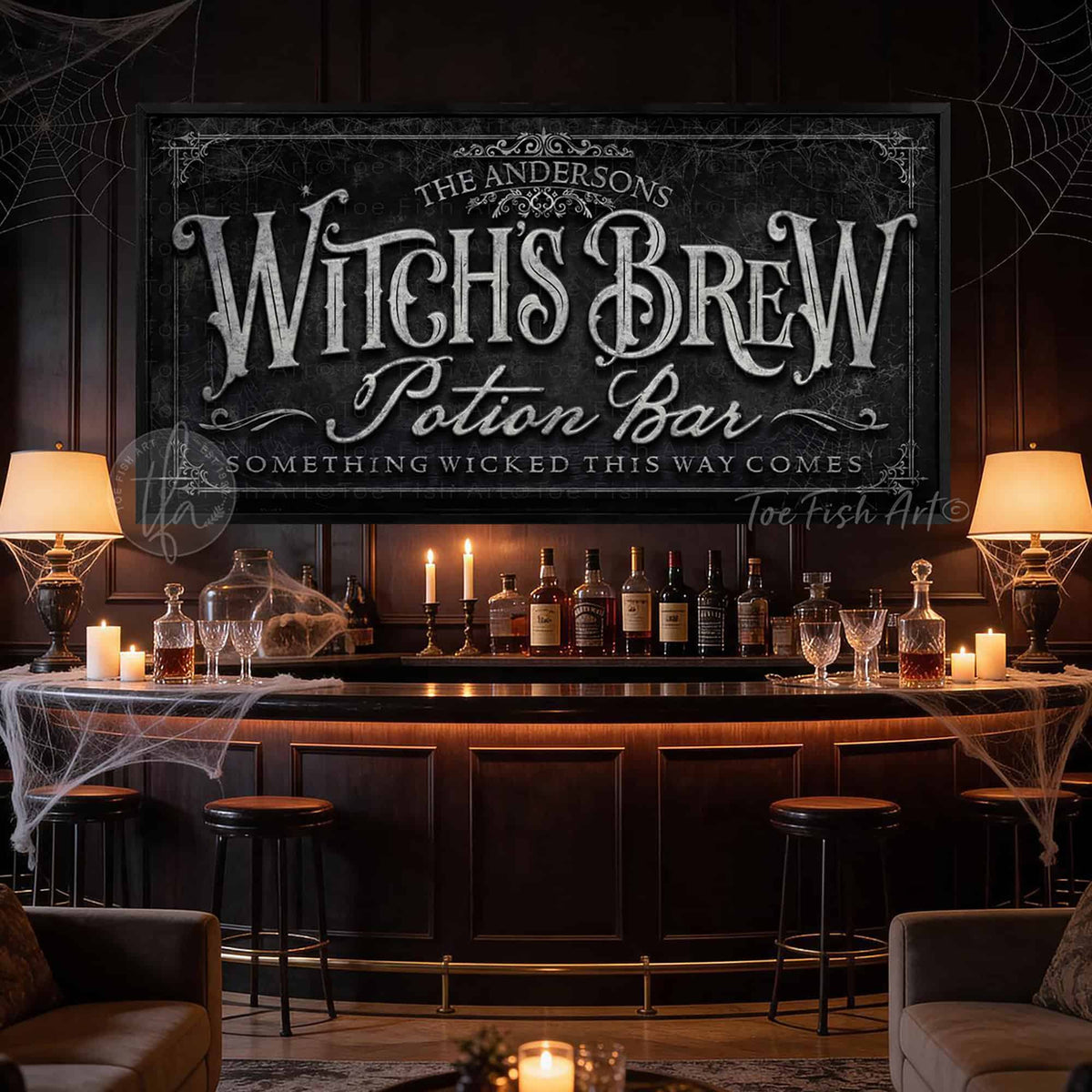 Create the ultimate Halloween home bar, coffee station, or porch display with this personalized Witch’s Brew Potion Bar sign from Toe Fish Art, built for interior and exterior spaces. Choose between premium framed canvas or durable outdoor metal. Toe Fish Art makes artisan wall art with American materials. Proudly Made in the USA, each piece is expertly constructed with genuine craftsmanship, heritage quality, and rustic charm.