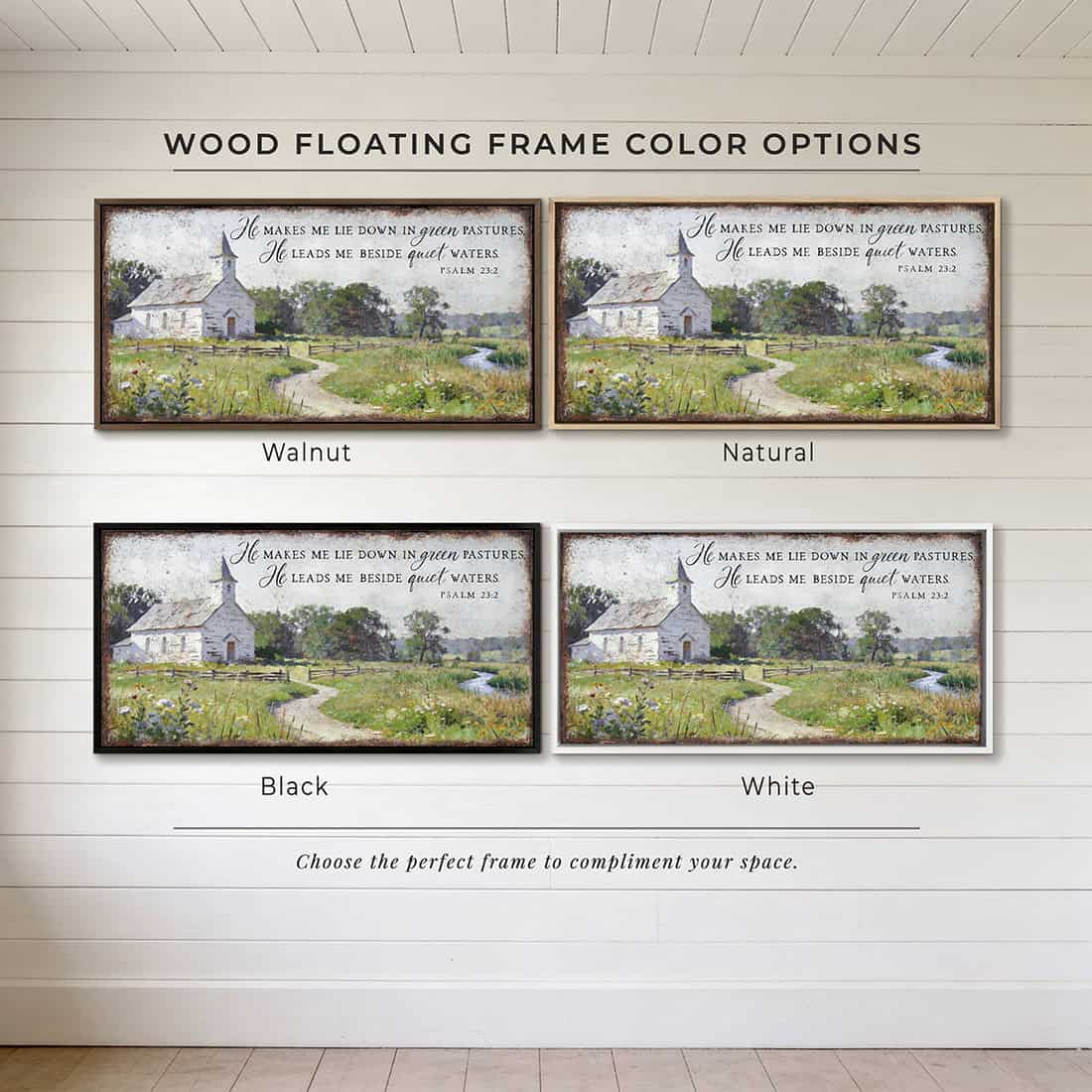This Psalm 23:2 vintage landscape painting by Toe Fish Art captures spiritual peace through a rustic countryside pastoral church scene, featuring farmhouse cottagecore aesthetics with natural earth tones of soft greens, white, and blues. Be surrounded by decor you LOVE! Choose premium framed canvas or durable outdoor metal. Toe Fish Art makes artisan wall art with American materials. Proudly Made in the USA, each piece is expertly constructed with genuine craftsmanship, heritage quality, and rustic charm.