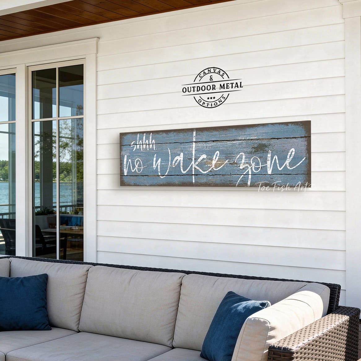 Bring laid-back lake life to your space with Toe Fish Art's "Shhh… No Wake Zone" sign. Featuring a weathered rustic blue finish, hand-lettered white typography, and the look of reclaimed wood, this timeless but trendy design adds relaxed coastal vibes. Choose between premium framed canvas or durable outdoor metal. Toe Fish Art makes artisan wall art with American materials. Proudly Made in the USA, each piece is expertly constructed with genuine craftsmanship, heritage quality, and rustic charm.