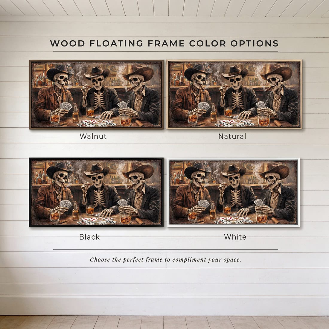 Add a kick to your bar & lounge, man cave, or game room with Toe Fish Art's bold western wall art featuring skeleton cowboys playing cards, drinking whiskey, and smoking cigars in a vintage saloon bar! Choose between premium framed canvas or durable outdoor metal. Toe Fish Art makes artisan wall art with American materials. Proudly Made in the USA, each piece is expertly constructed with genuine craftsmanship, heritage quality, and rustic charm.