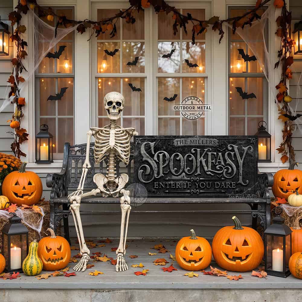 Make your Halloween Bar & Lounge decor hauntingly unique with "Spookeasy Enter If You Dare" Personalized Halloween Sign custom made by Toe Fish Art. Be surrounded by decor you LOVE! Choose between premium framed canvas or durable outdoor metal. Toe Fish Art makes artisan wall art with American materials. Proudly Made in the USA, each piece is expertly constructed with genuine craftsmanship, heritage quality, and rustic charm.