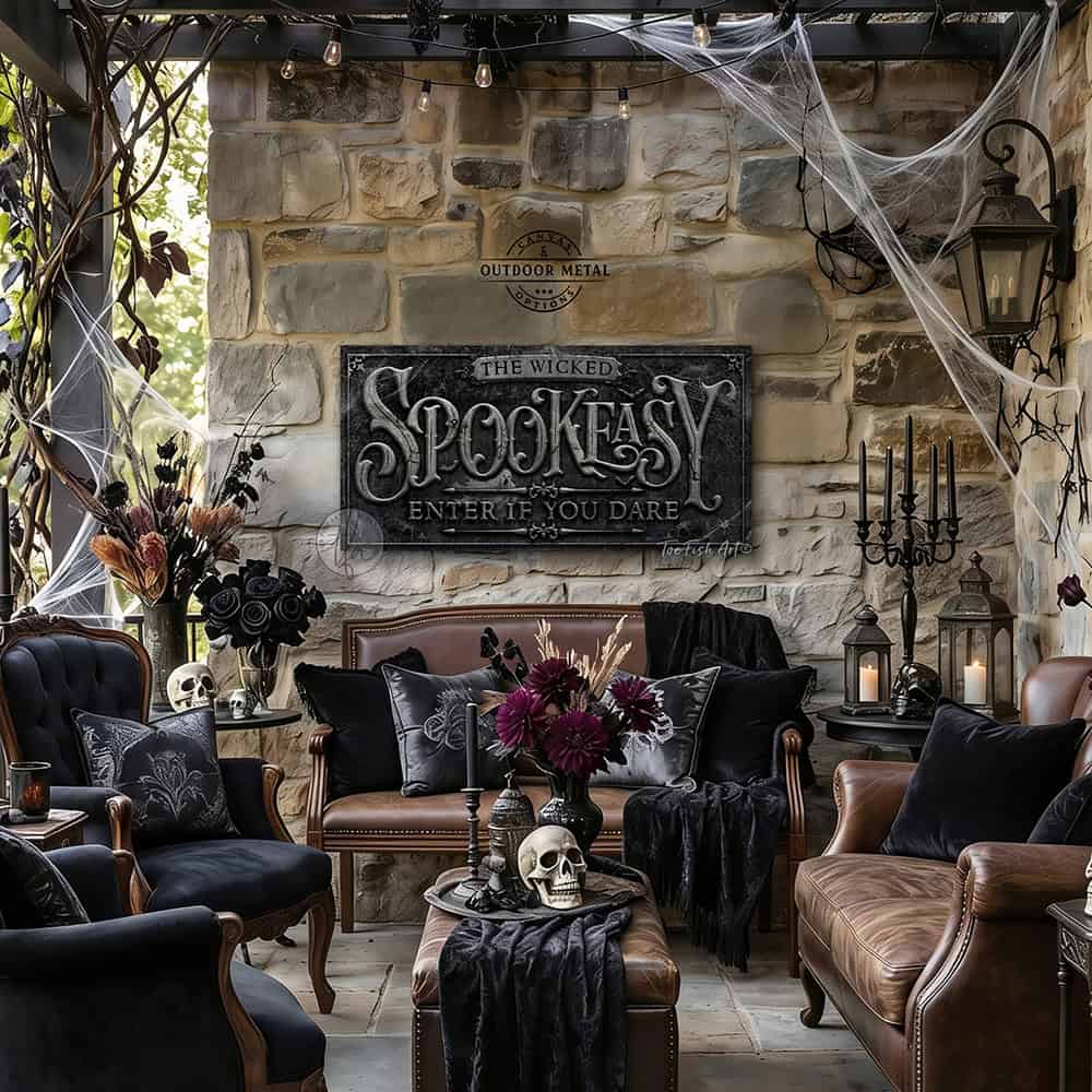 Make your Halloween Bar & Lounge decor hauntingly unique with "Spookeasy Enter If You Dare" Personalized Halloween Sign custom made by Toe Fish Art. Be surrounded by decor you LOVE! Choose between premium framed canvas or durable outdoor metal. Toe Fish Art makes artisan wall art with American materials. Proudly Made in the USA, each piece is expertly constructed with genuine craftsmanship, heritage quality, and rustic charm.