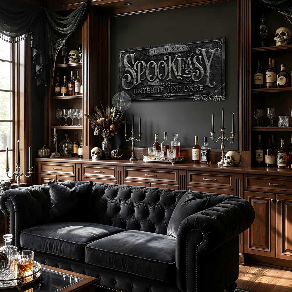 Make your Halloween Bar & Lounge decor hauntingly unique with "Spookeasy Enter If You Dare" Personalized Halloween Sign custom made by Toe Fish Art. Be surrounded by decor you LOVE! Choose between premium framed canvas or durable outdoor metal. Toe Fish Art makes artisan wall art with American materials. Proudly Made in the USA, each piece is expertly constructed with genuine craftsmanship, heritage quality, and rustic charm.