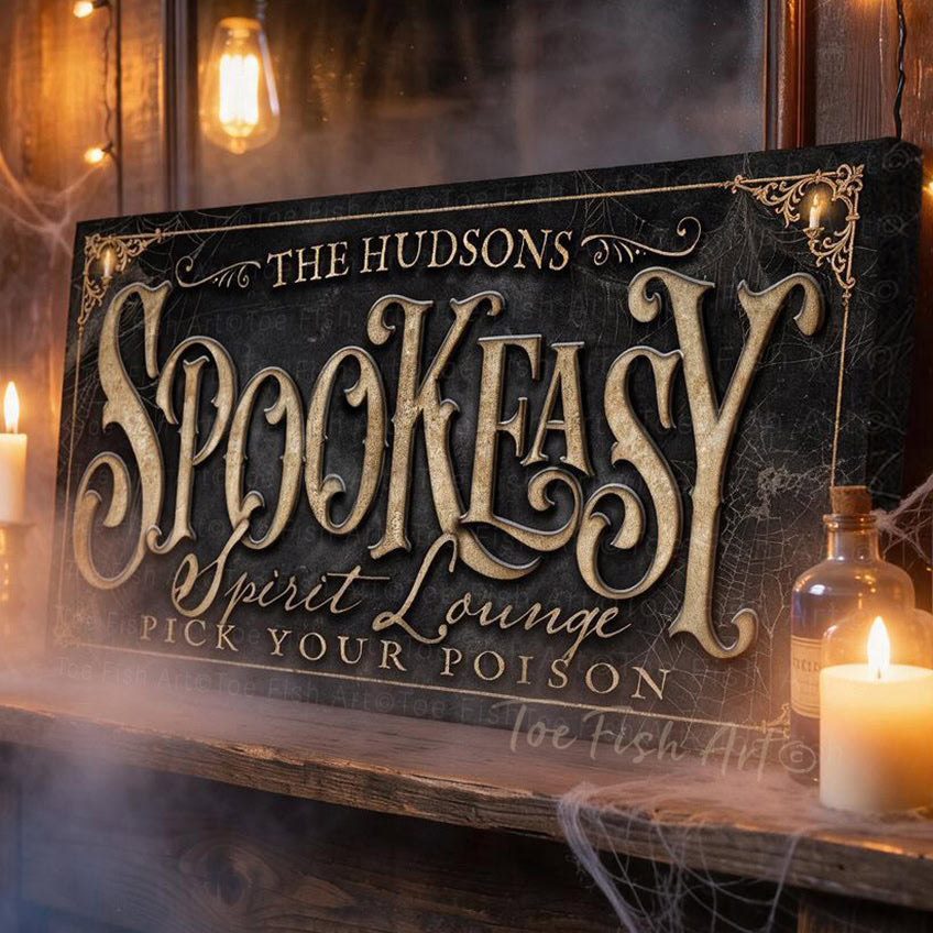 Create the ultimate Halloween home bar with this personalized Halloween bar sign from Toe Fish Art. Inspired by the charm of vintage speakeasies, our "Spookeasy Spirit Lounge" sign transforms your entertaining space with spooky sophistication. Choose between premium framed canvas or durable outdoor metal. Toe Fish Art makes artisan wall art with American materials. Proudly Made in the USA, each piece is expertly constructed with genuine craftsmanship, heritage quality, and rustic charm.