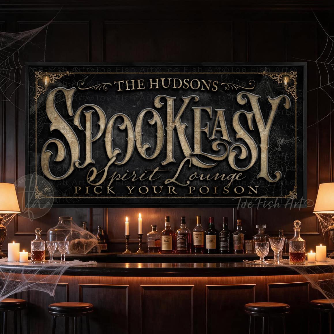 Create the ultimate Halloween home bar with this personalized Halloween bar sign from Toe Fish Art. Inspired by the charm of vintage speakeasies, our "Spookeasy Spirit Lounge" sign transforms your entertaining space with spooky sophistication. Choose between premium framed canvas or durable outdoor metal. Toe Fish Art makes artisan wall art with American materials. Proudly Made in the USA, each piece is expertly constructed with genuine craftsmanship, heritage quality, and rustic charm.