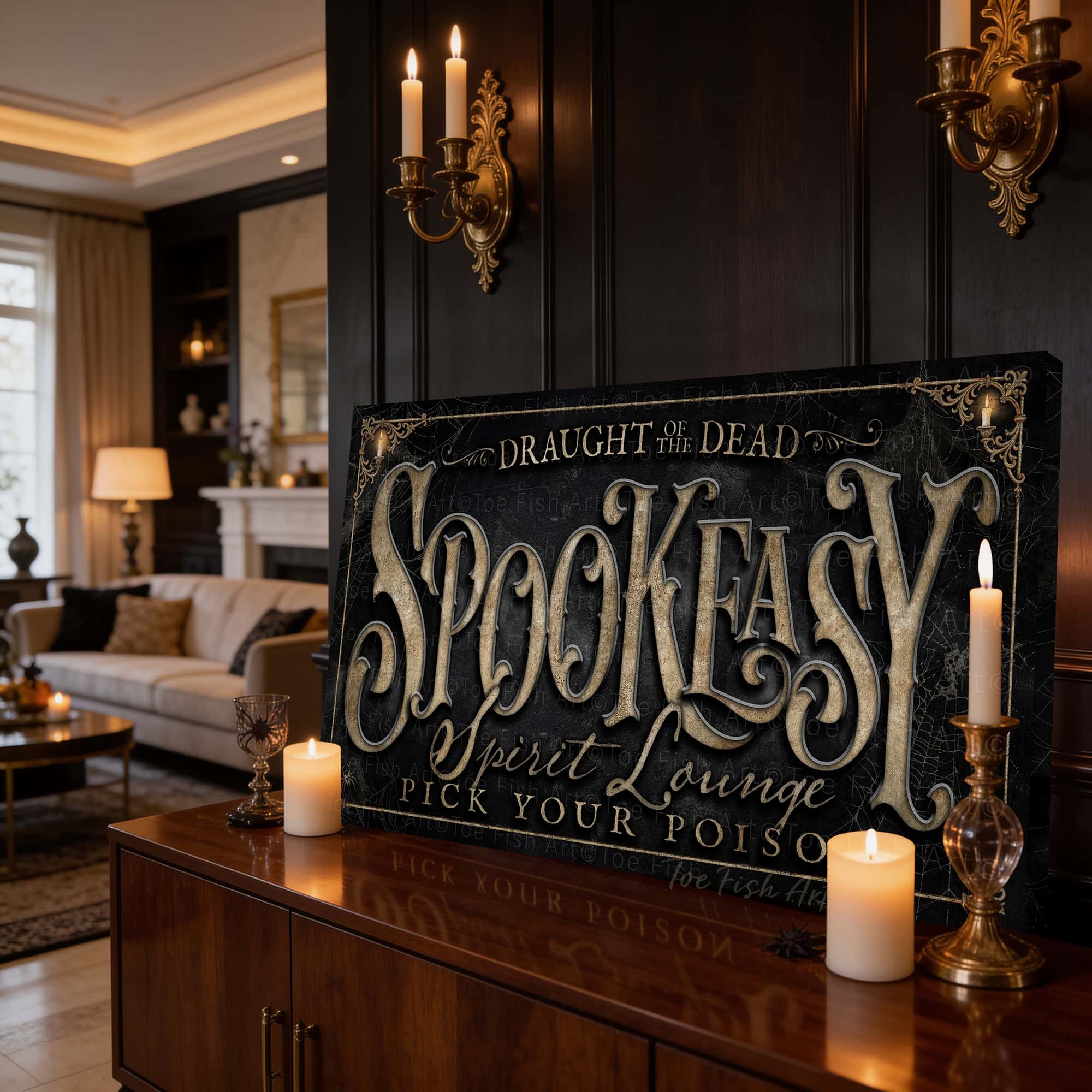 Create the ultimate Halloween home bar with this personalized Halloween bar sign from Toe Fish Art. Inspired by the charm of vintage speakeasies, our "Spookeasy Spirit Lounge" sign transforms your entertaining space with spooky sophistication. Choose between premium framed canvas or durable outdoor metal. Toe Fish Art makes artisan wall art with American materials. Proudly Made in the USA, each piece is expertly constructed with genuine craftsmanship, heritage quality, and rustic charm.