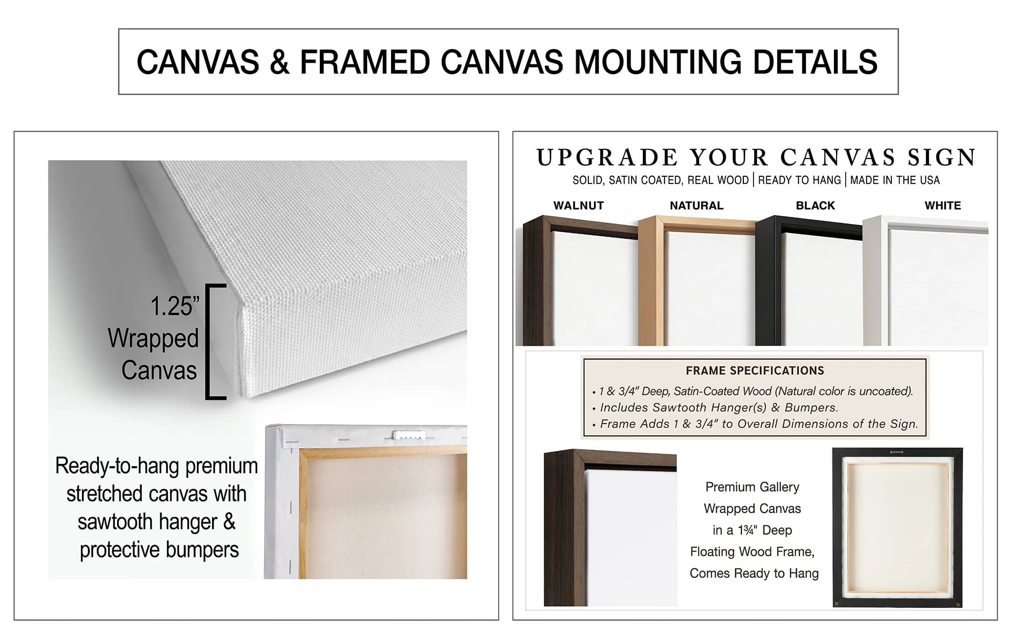 Toe Fish Art's gallery-quality canvas wall art shown in stretched canvas and wood framed canvas options, with detailed specifications and mounting views, and frame color choices in walnut, natural, black, or white. Designed to last, yet lightweight and easy to handle, each piece arrives ready to hang and is crafted for effortless display. Stretched canvas features a clean profile that pairs perfectly with any decor, while framed canvas adds a more upgraded polished feel. Be surrounded by decor you LOVE! ®