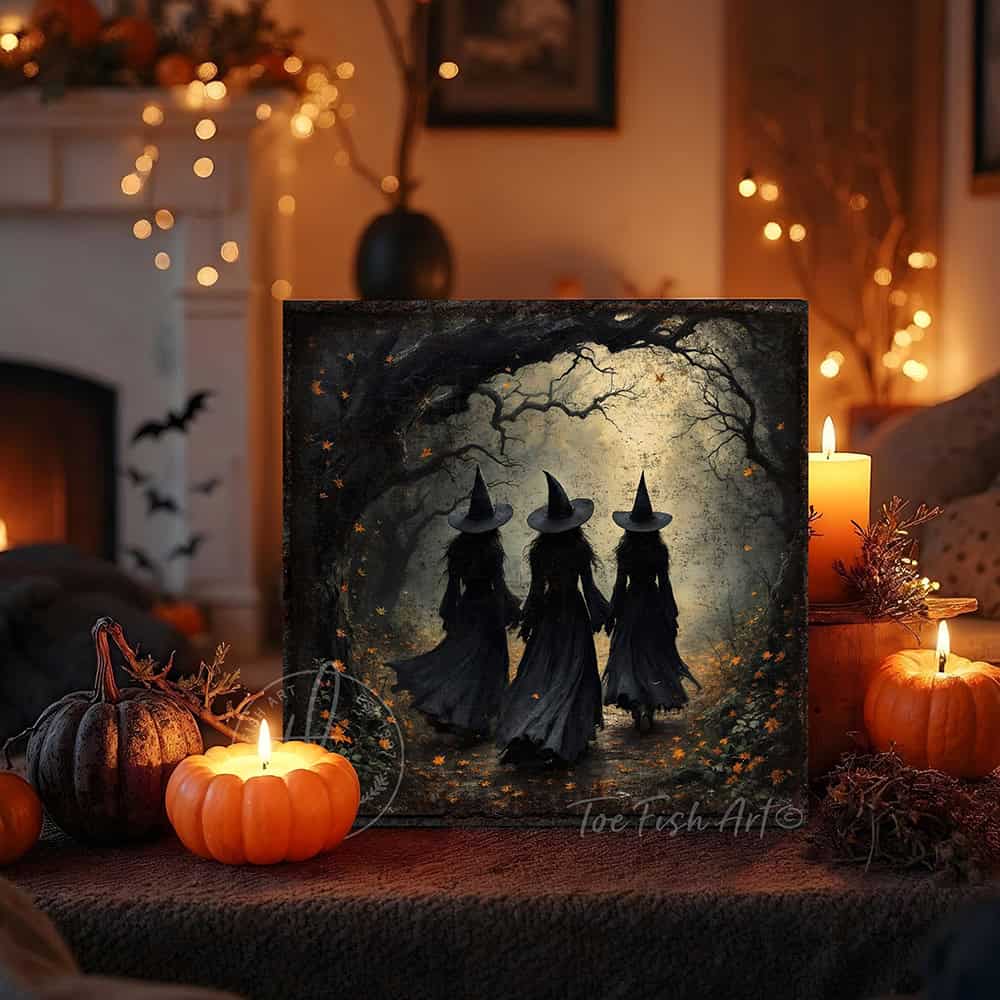 Team up with Toe Fish Art to create the ultimate Halloween display with this Three Witches in Dark Autumn Forest Wall Art focal point. Stroll along as the witches float through dark autumn forest moonlight in rustic fall colors and an eerie, mysterious feel. Choose between premium framed canvas or durable outdoor metal. Toe Fish Art makes artisan wall art with American materials. Proudly Made in the USA, each piece is expertly constructed with genuine craftsmanship, heritage quality, and rustic charm.