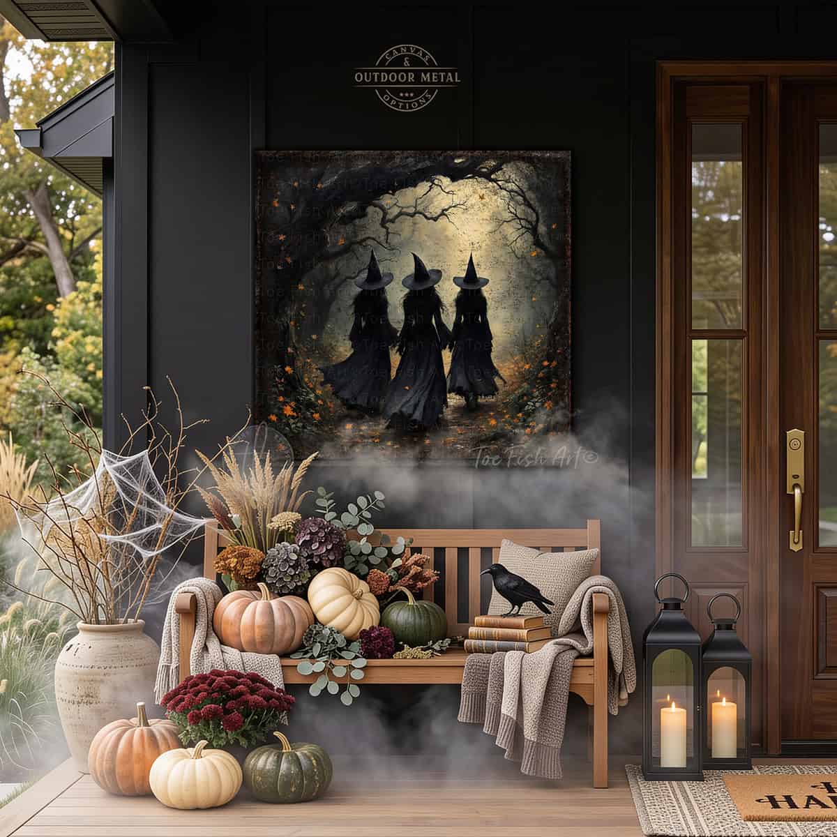 Team up with Toe Fish Art to create the ultimate Halloween display with this Three Witches in Dark Autumn Forest Wall Art focal point. Stroll along as the witches float through dark autumn forest moonlight in rustic fall colors and an eerie, mysterious feel. Choose between premium framed canvas or durable outdoor metal. Toe Fish Art makes artisan wall art with American materials. Proudly Made in the USA, each piece is expertly constructed with genuine craftsmanship, heritage quality, and rustic charm.
