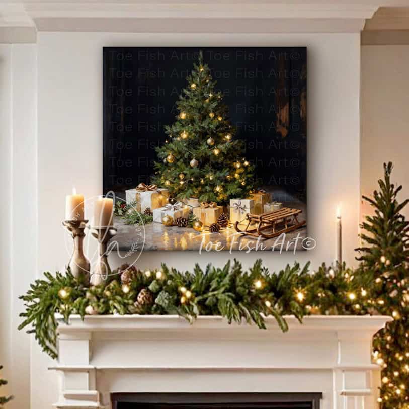 Bring nostalgic holiday charm to your home with Toe Fish Art's vintage Christmas tree canvas print. Featuring a dark, moody palette and timeless details—from old-fashioned ornaments and wrapped presents to an antique sled under the tree—this striking piece captures the warmth of classic yuletide traditions. Perfect for mantels, living rooms, or entryways, this decor adds sophisticated elegance. Handcrafted by artisans in the USA, this wall art ensures lasting quality and easy display year after year.