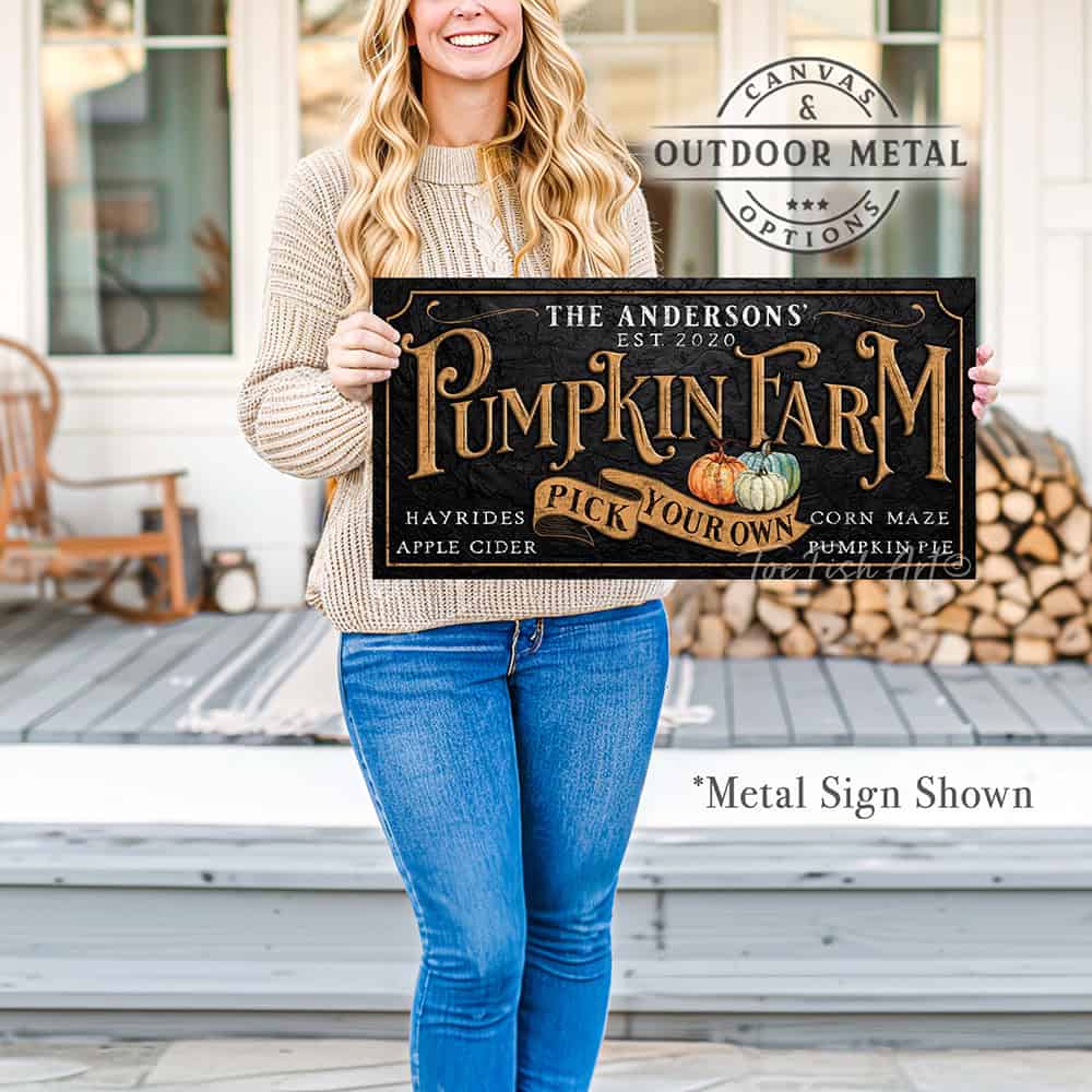 Decorate your home with this vintage personalized pumpkin farm sign by Toe Fish Art. Available in framed canvas or outdoor metal for timeless seasonal decor indoors or outdoors. Proudly crafted in the USA, each piece is artisan-made using authentic, American sourced materials. With genuine craftsmanship with heritage quality, this wall art brings timeless elegance, rustic charm, and a unique touch to any space. Featuring rustic black and burnt-orange tones, it captures autumn charm.