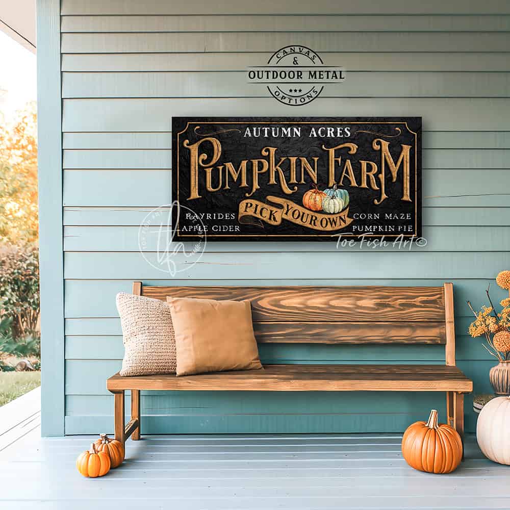 Decorate your home with this vintage personalized pumpkin farm sign by Toe Fish Art. Available in framed canvas or outdoor metal for timeless seasonal decor indoors or outdoors. Proudly crafted in the USA, each piece is artisan-made using authentic, American sourced materials. With genuine craftsmanship with heritage quality, this wall art brings timeless elegance, rustic charm, and a unique touch to any space. Featuring rustic black and burnt-orange tones, it captures autumn charm.