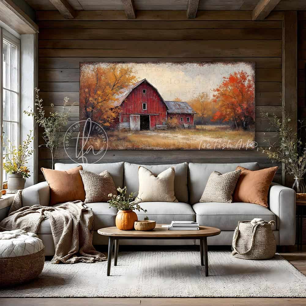 Bring home the beauty of an autumn countryside with the vibrant fall colors of this Vintage Red Barn Wall Art by Toe Fish Art, featuring a rustic red barn on a country lane with colorful fall foliage set beneath a peaceful autumn sky. Toe Fish Art specializes in Holiday and Seasonal home decor for indoor and outdoor living spaces, in framed canvas, hardwood shiplap, or outdoor metal. Each piece is expertly constructed by American artisans with genuine craftsmanship, heritage quality, and rustic charm.