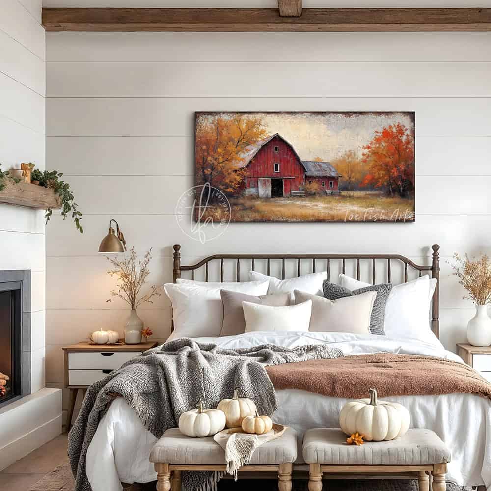 Bring home the beauty of an autumn countryside with the vibrant fall colors of this Vintage Red Barn Wall Art by Toe Fish Art, featuring a rustic red barn on a country lane with colorful fall foliage set beneath a peaceful autumn sky. Toe Fish Art specializes in Holiday and Seasonal home decor for indoor and outdoor living spaces, in framed canvas, hardwood shiplap, or outdoor metal. Each piece is expertly constructed by American artisans with genuine craftsmanship, heritage quality, and rustic charm.