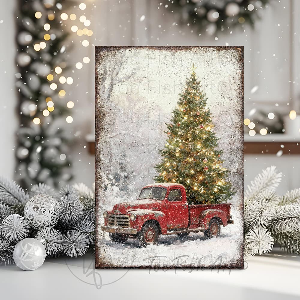 Bring festive charm to your home with this delightful vintage red truck hauling a beautifully decorated Christmas tree, handcrafted in the USA by Toe Fish Art. Perfect for farmhouse and rustic-modern spaces, this cheerful decoration captures the warmth of holiday traditions. Available in durable canvas or outdoor metal print, this artwork is an eye-catching focal point in any room—whether displayed indoors, on a covered porch, or in an outdoor setting.