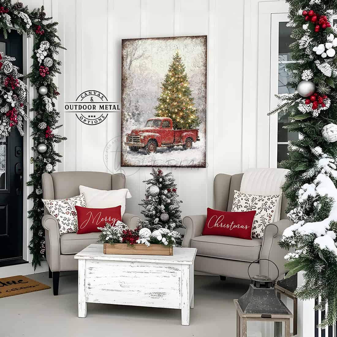 Bring festive charm to your home with this delightful vintage red truck hauling a beautifully decorated Christmas tree, handcrafted in the USA by Toe Fish Art. Perfect for farmhouse and rustic-modern spaces, this cheerful decoration captures the warmth of holiday traditions. Available in durable canvas or outdoor metal print, this artwork is an eye-catching focal point in any room—whether displayed indoors, on a covered porch, or in an outdoor setting.