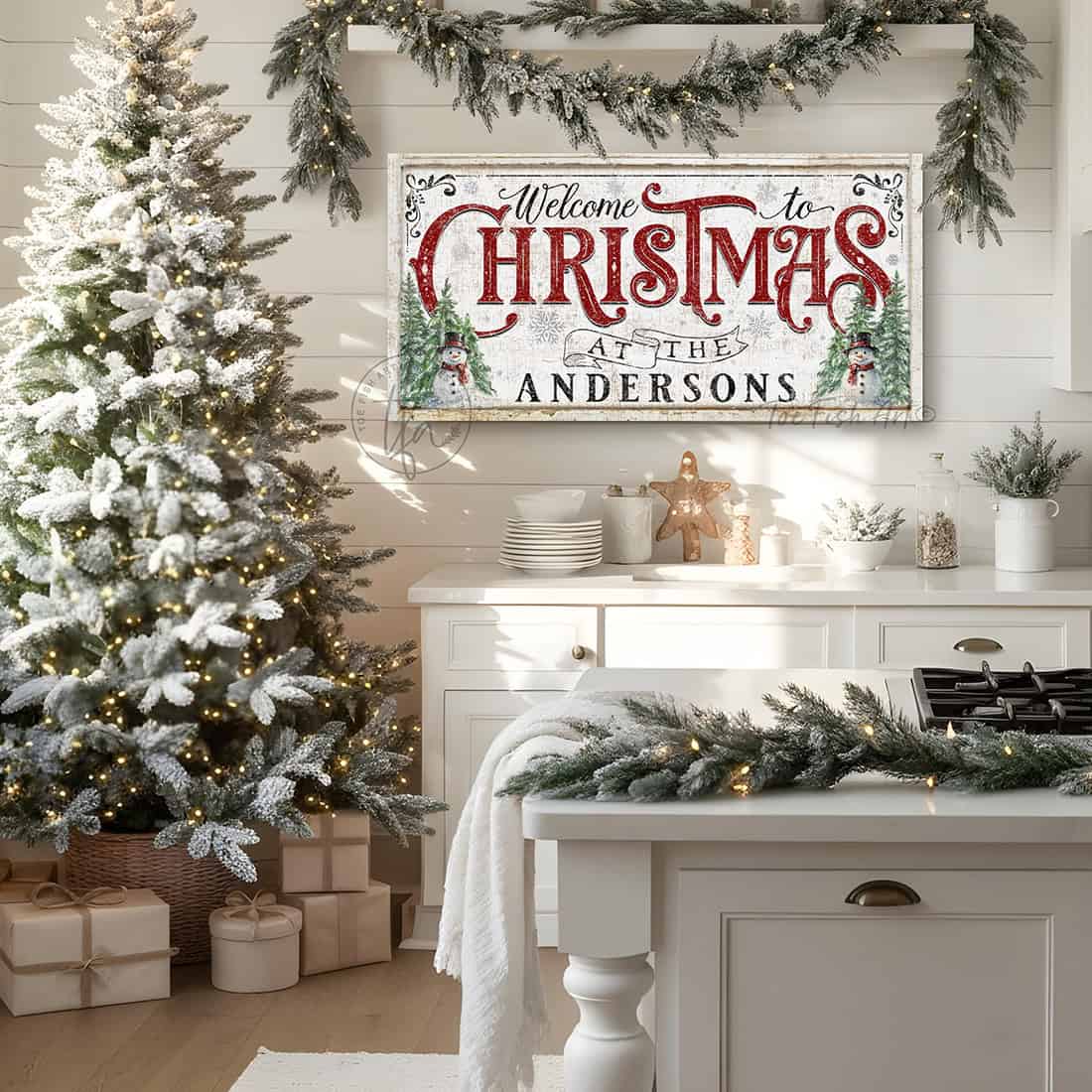 Add a playful touch to your holiday decor with this vintage cottage-style “Welcome to Christmas” sign by Toe Fish Art. Available in pink & green or classic red & green, featuring gingerbread house or snowman designs with Christmas trees. Personalizable canvas or outdoor metal sign, perfect for entryways, porches, mantels, or living spaces. Brings festive charm and whimsy to any home or seasonal celebration.