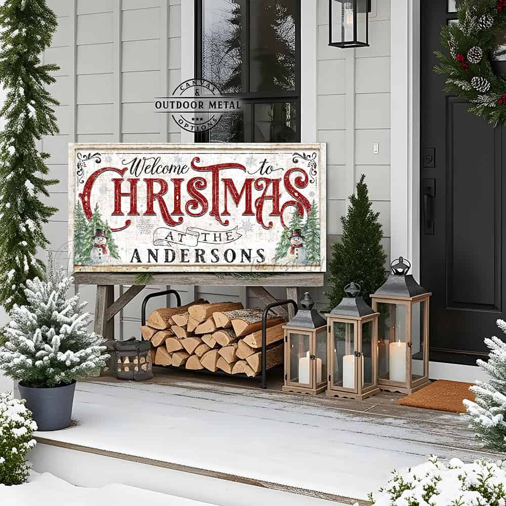 Add a playful touch to your holiday decor with this vintage cottage-style “Welcome to Christmas” sign by Toe Fish Art. Available in pink & green or classic red & green, featuring gingerbread house or snowman designs with Christmas trees. Personalizable canvas or outdoor metal sign, perfect for entryways, porches, mantels, or living spaces. Brings festive charm and whimsy to any home or seasonal celebration.