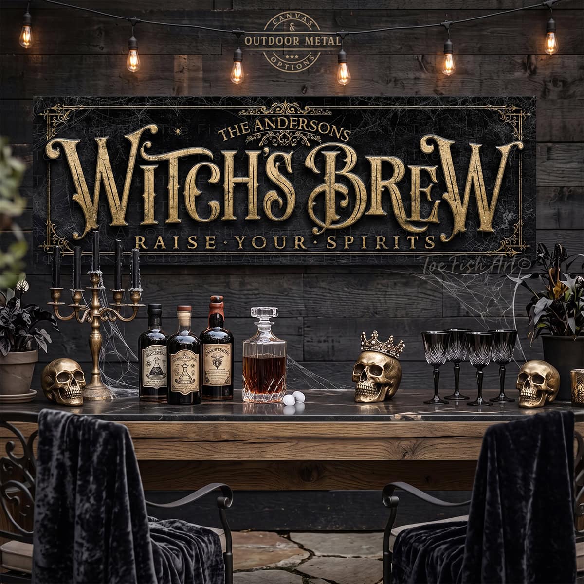 Create the ultimate Halloween home bar, coffee station, or porch display with this Witch’s Brew Personalized Halloween Sign sign from Toe Fish Art, built for interior and exterior spaces. Choose between premium framed canvas or durable outdoor metal. Toe Fish Art makes artisan wall art with American materials. Proudly Made in the USA, each piece is expertly constructed with genuine craftsmanship, heritage quality, and rustic charm.