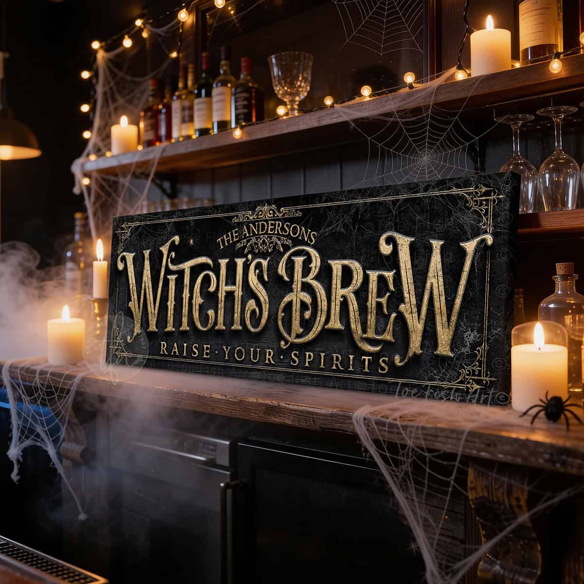 Create the ultimate Halloween home bar, coffee station, or porch display with this Witch’s Brew Personalized Halloween Sign sign from Toe Fish Art, built for interior and exterior spaces. Choose between premium framed canvas or durable outdoor metal. Toe Fish Art makes artisan wall art with American materials. Proudly Made in the USA, each piece is expertly constructed with genuine craftsmanship, heritage quality, and rustic charm.