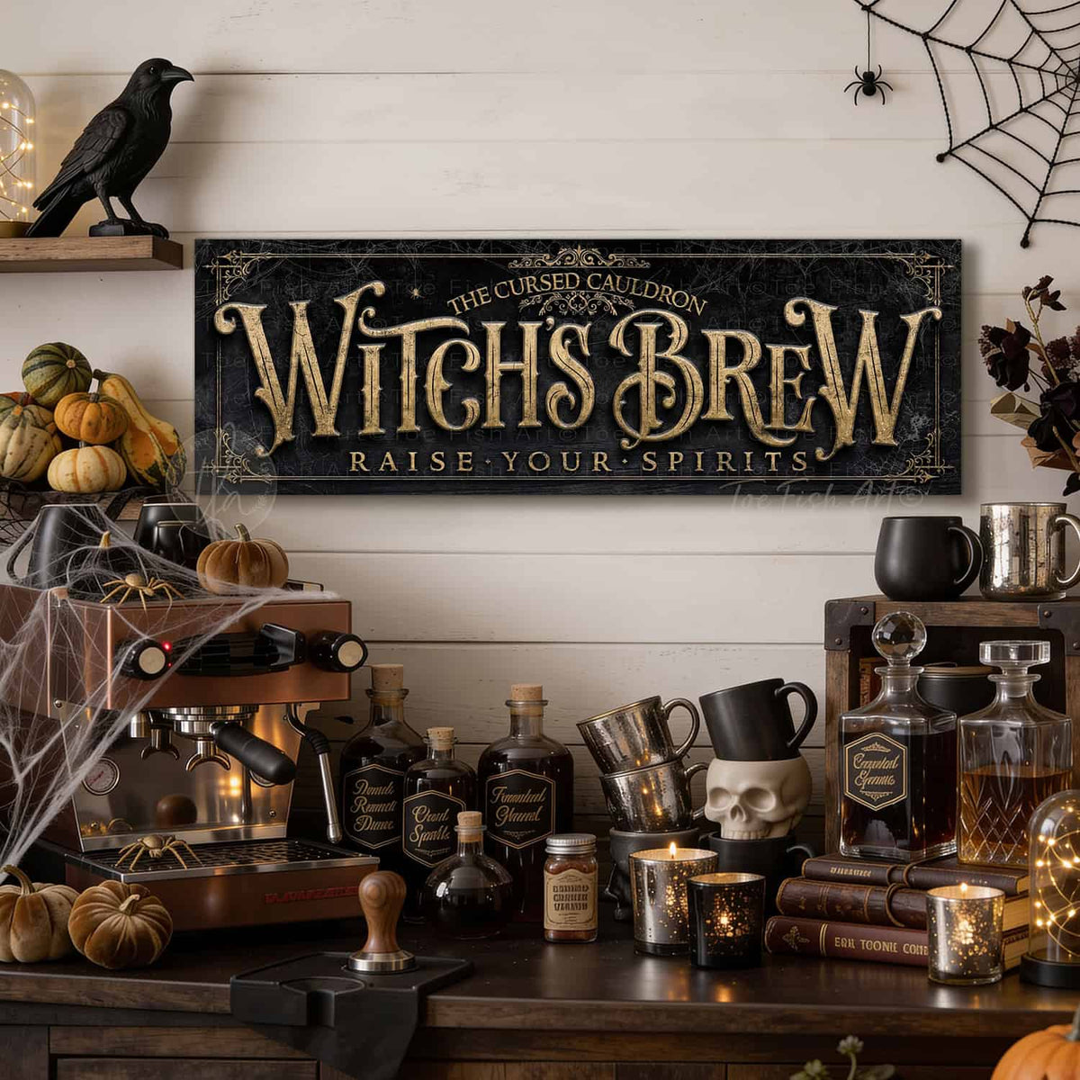 Create the ultimate Halloween home bar, coffee station, or porch display with this Witch’s Brew Personalized Halloween Sign sign from Toe Fish Art, built for interior and exterior spaces. Choose between premium framed canvas or durable outdoor metal. Toe Fish Art makes artisan wall art with American materials. Proudly Made in the USA, each piece is expertly constructed with genuine craftsmanship, heritage quality, and rustic charm.