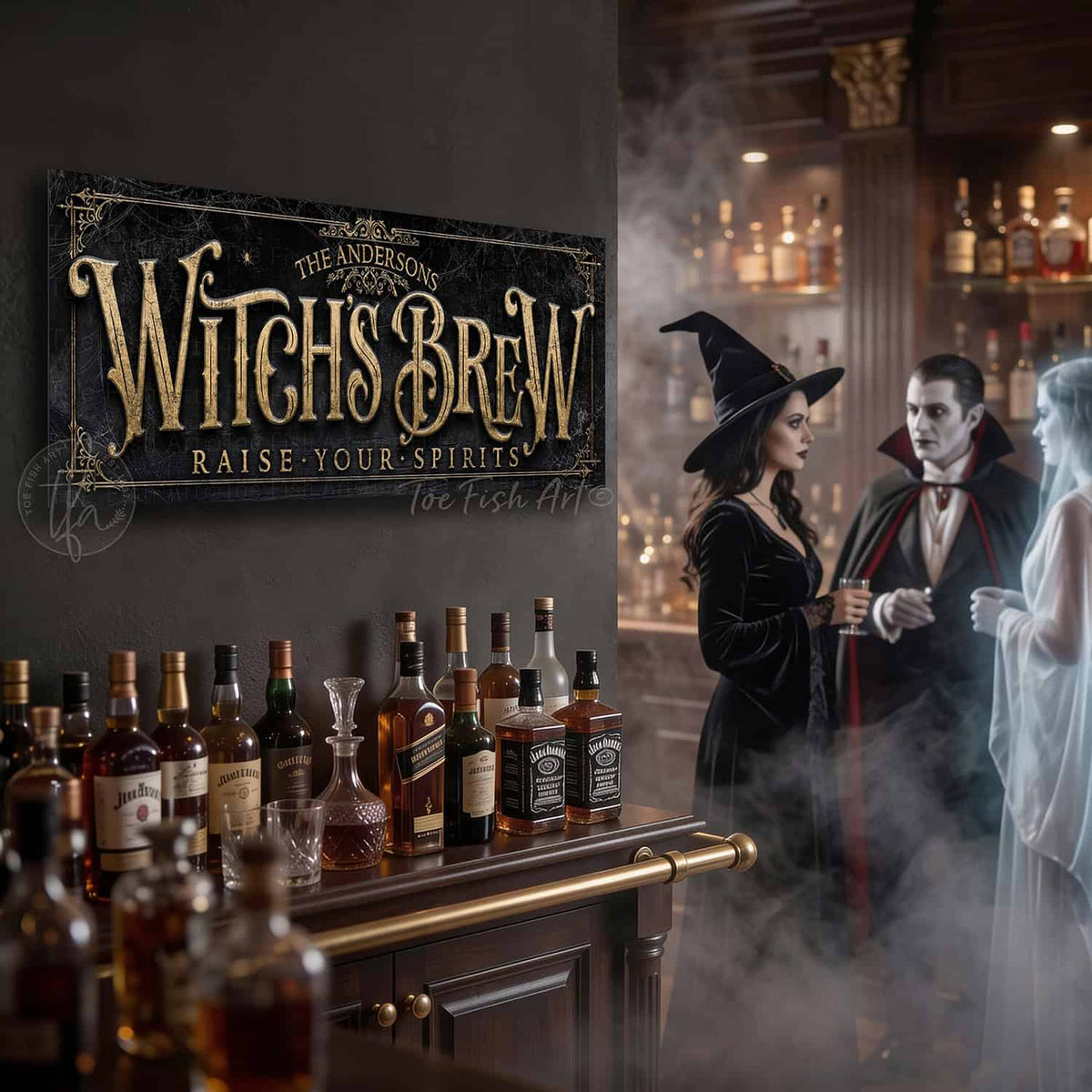 Create the ultimate Halloween home bar, coffee station, or porch display with this Witch’s Brew Personalized Halloween Sign sign from Toe Fish Art, built for interior and exterior spaces. Choose between premium framed canvas or durable outdoor metal. Toe Fish Art makes artisan wall art with American materials. Proudly Made in the USA, each piece is expertly constructed with genuine craftsmanship, heritage quality, and rustic charm.