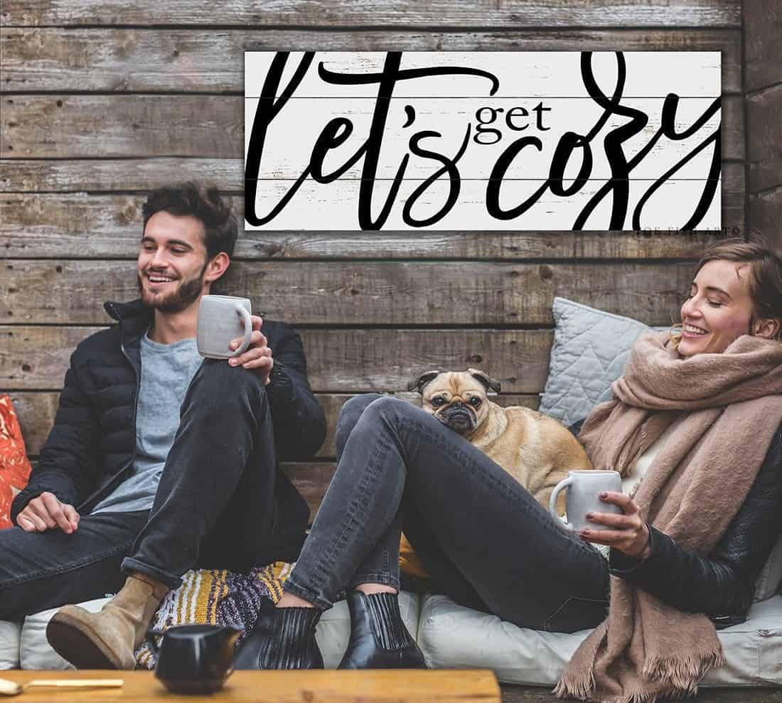 Let's Get Cozy Sign handmade by ToeFishArt. Original, custom, personalized wall decor signs. Canvas, Wood or Metal. Rustic modern farmhouse, cottagecore, vintage, retro, industrial, Americana, primitive, country, coastal, minimalist.