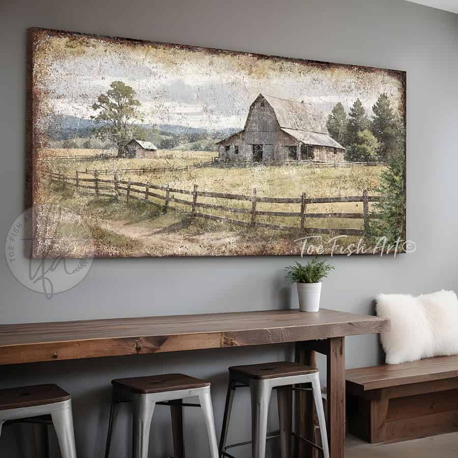 Vintage barn wall art with rustic cottagecore charm. “Country Roads Take Me Home” is available on premium framed canvas or durable outdoor metal. Proudly handcrafted in the USA by Toe Fish Art with genuine craftsmanship.