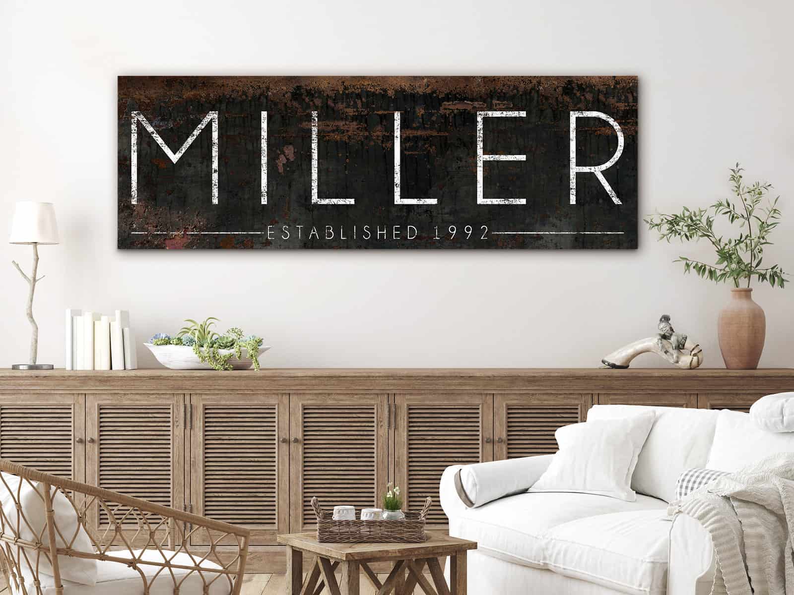 ToeFishArt About Us Rustic Family Name Sign Personalized Custom Large Modern Transitional Minimalist Living Room with long sideboard table and white comfy furniture