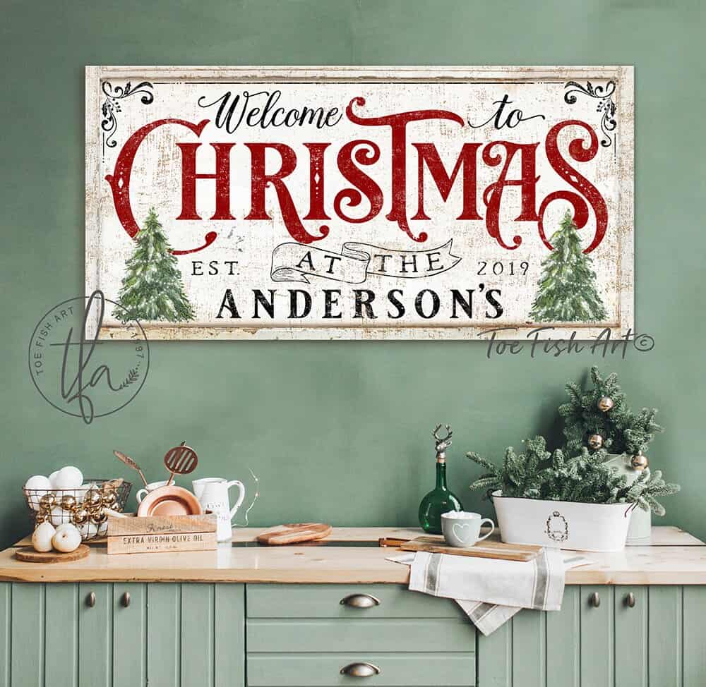 Welcome To Christmas Sign handmade by ToeFishArt. Original, custom, personalized wall decor signs. Canvas, Wood or Metal. Rustic modern farmhouse, cottagecore, vintage, retro, industrial, Americana, primitive, country, coastal, minimalist.