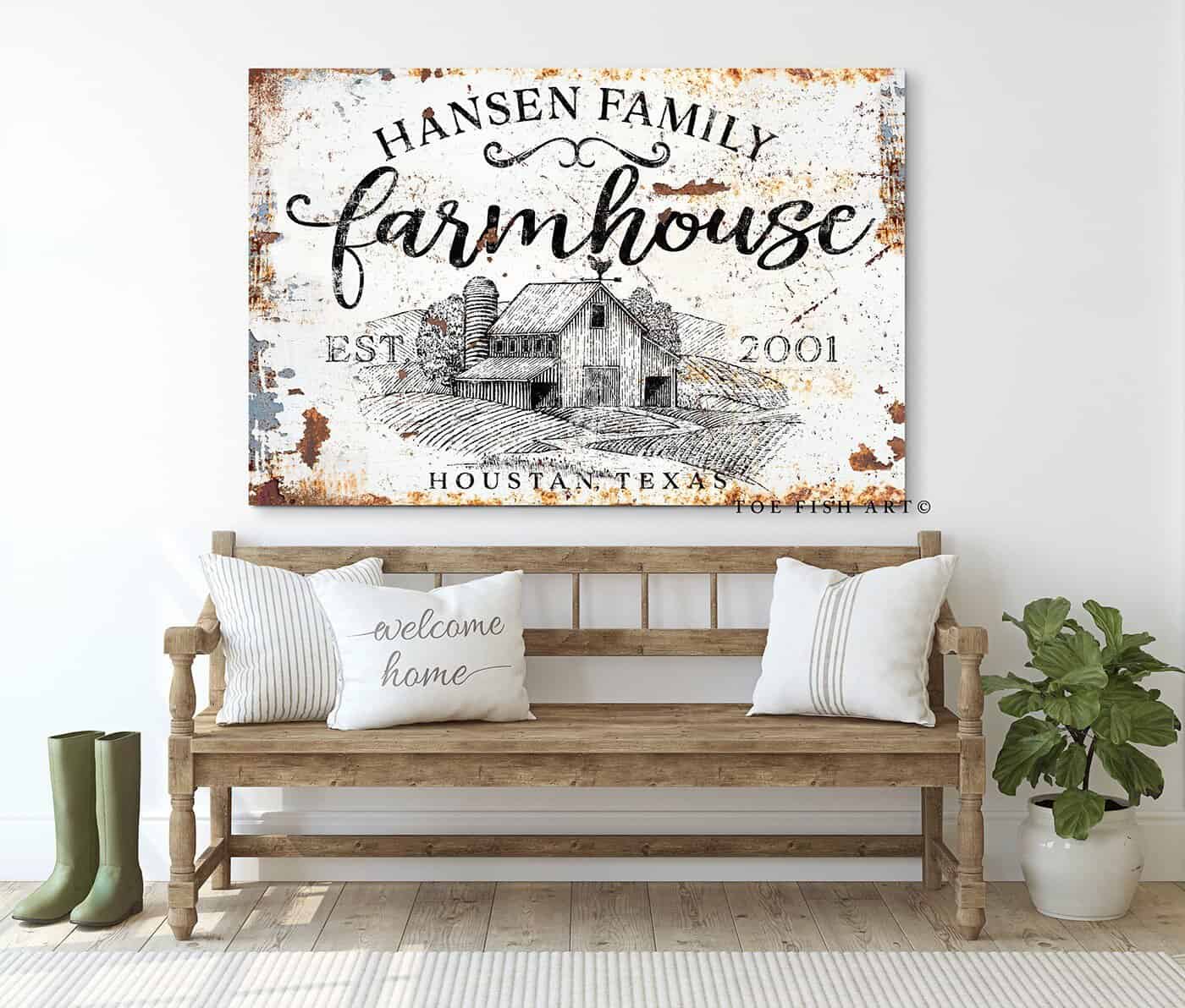 handmade by ToeFishArt. Original, custom, personalized wall decor signs. Canvas, Wood or Metal. Rustic modern farmhouse, cottagecore, vintage, retro, industrial, Americana, primitive, country, coastal, minimalist.