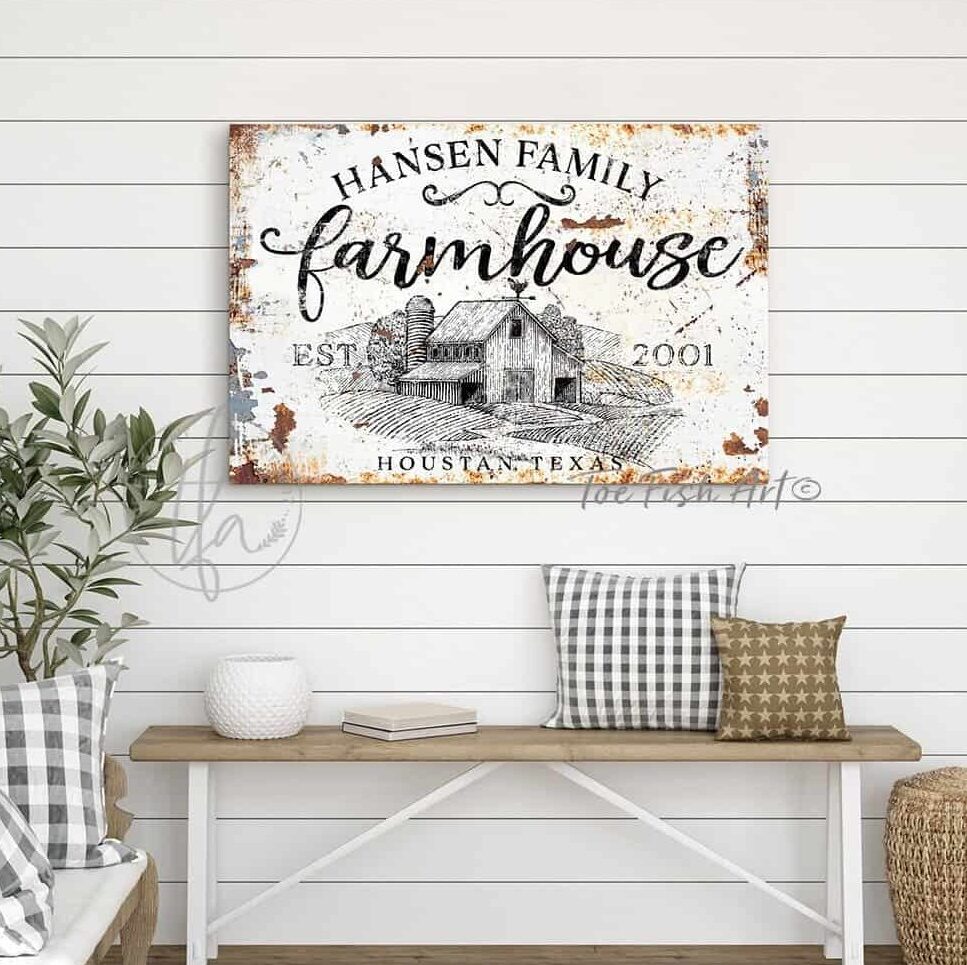 handmade by ToeFishArt. Original, custom, personalized wall decor signs. Canvas, Wood or Metal. Rustic modern farmhouse, cottagecore, vintage, retro, industrial, Americana, primitive, country, coastal, minimalist.