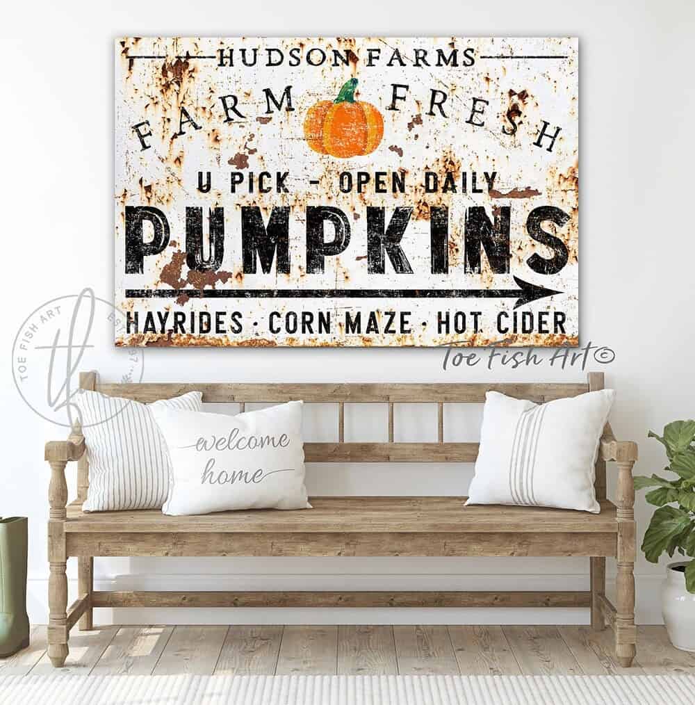 Pumpkin Farm Sign Vintage Fall Decor Family Name Canvas or Outdoor Metal Print handmade by ToeFishArt. Original, custom, personalized wall decor signs. Canvas, Wood or Metal. Rustic modern farmhouse, cottagecore, vintage, retro, industrial, Americana, primitive, country, coastal, minimalist.