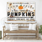 Pumpkin Farm Sign Vintage Fall Decor Family Name Canvas or Outdoor Metal Print handmade by ToeFishArt. Original, custom, personalized wall decor signs. Canvas, Wood or Metal. Rustic modern farmhouse, cottagecore, vintage, retro, industrial, Americana, primitive, country, coastal, minimalist.
