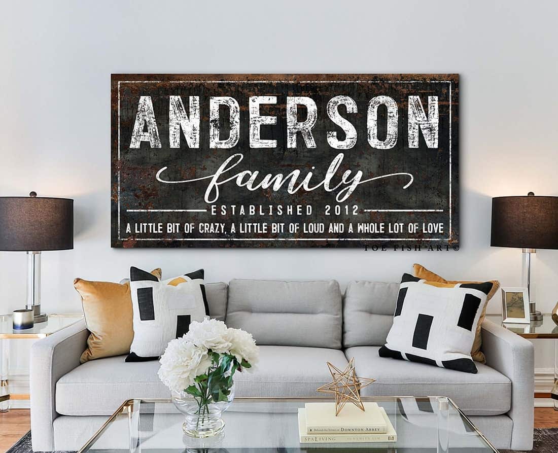 A Little Bit of Crazy Family Sign handmade by ToeFishArt. Original, custom, personalized wall decor signs. Canvas, Wood or Metal. Rustic modern farmhouse, cottagecore, vintage, retro, industrial, Americana, primitive, country, coastal, minimalist.