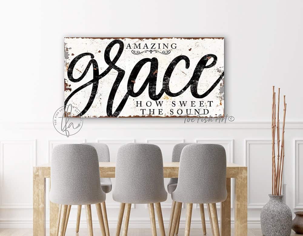 Amazing Grace How Sweet the Sound Sign handmade by ToeFishArt. Original, custom, personalized wall decor signs. Canvas, Wood or Metal. Rustic modern farmhouse, cottagecore, vintage, retro, industrial, Americana, primitive, country, coastal, minimalist.