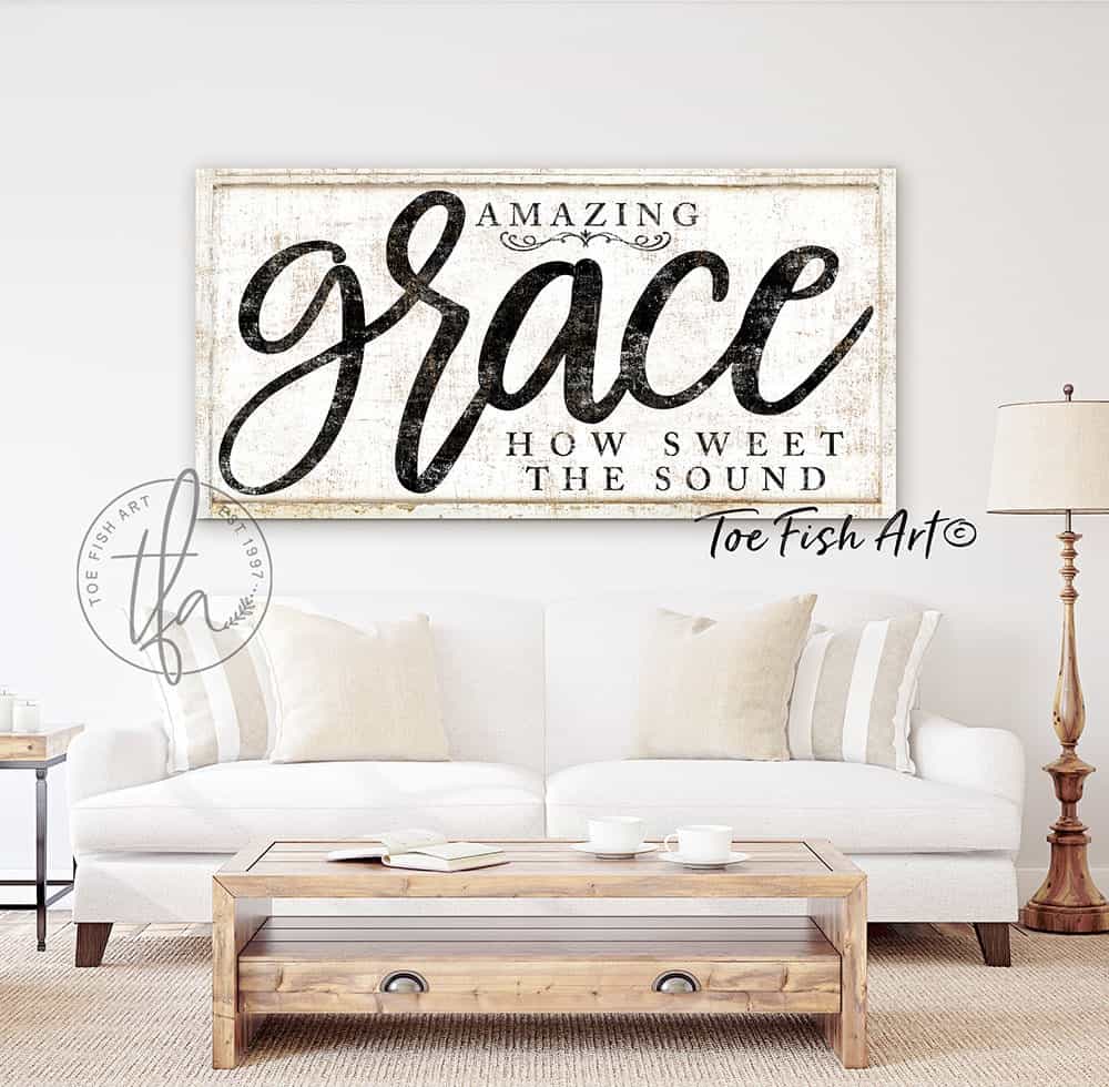 Amazing Grace Sign How Sweet the Sound Sign handmade by ToeFishArt. Original, custom, personalized wall decor signs. Canvas, Wood or Metal. Rustic modern farmhouse, cottagecore, vintage, retro, industrial, Americana, primitive, country, coastal, minimalist.