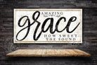 Amazing Grace Sign How Sweet the Sound Sign handmade by ToeFishArt. Original, custom, personalized wall decor signs. Canvas, Wood or Metal. Rustic modern farmhouse, cottagecore, vintage, retro, industrial, Americana, primitive, country, coastal, minimalist.