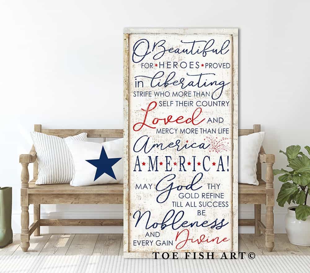 America the Beautiful Sign handmade by ToeFishArt. Original, custom, personalized wall decor signs. Canvas, Wood or Metal. Rustic modern farmhouse, cottagecore, vintage, retro, industrial, Americana, primitive, country, coastal, minimalist.
