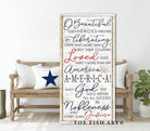 America the Beautiful Sign handmade by ToeFishArt. Original, custom, personalized wall decor signs. Canvas, Wood or Metal. Rustic modern farmhouse, cottagecore, vintage, retro, industrial, Americana, primitive, country, coastal, minimalist.