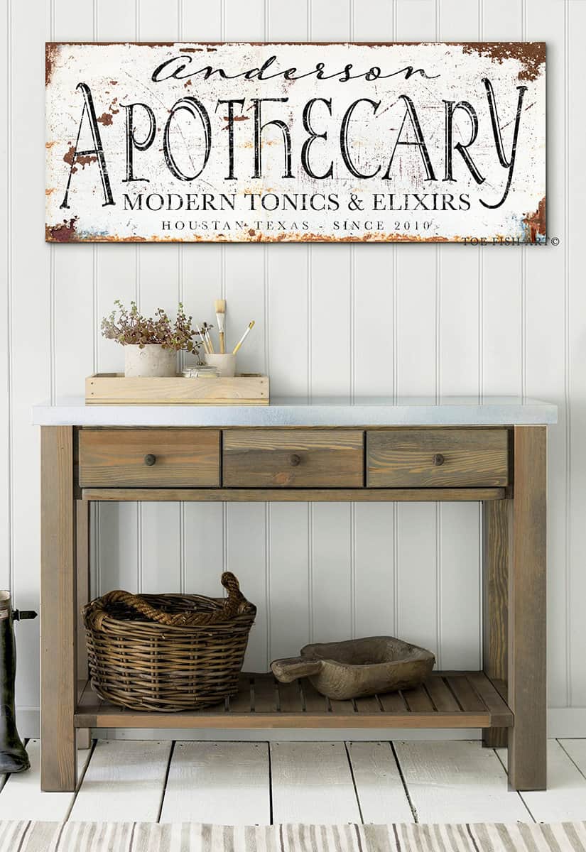 Apothecary Sign handmade by ToeFishArt. Original, custom, personalized wall decor signs. Canvas, Wood or Metal. Rustic modern farmhouse, cottagecore, vintage, retro, industrial, Americana, primitive, country, coastal, minimalist.