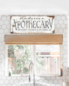 Apothecary Sign handmade by ToeFishArt. Original, custom, personalized wall decor signs. Canvas, Wood or Metal. Rustic modern farmhouse, cottagecore, vintage, retro, industrial, Americana, primitive, country, coastal, minimalist.