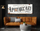 Apothecary Sign handmade by ToeFishArt. Original, custom, personalized wall decor signs. Canvas, Wood or Metal. Rustic modern farmhouse, cottagecore, vintage, retro, industrial, Americana, primitive, country, coastal, minimalist.