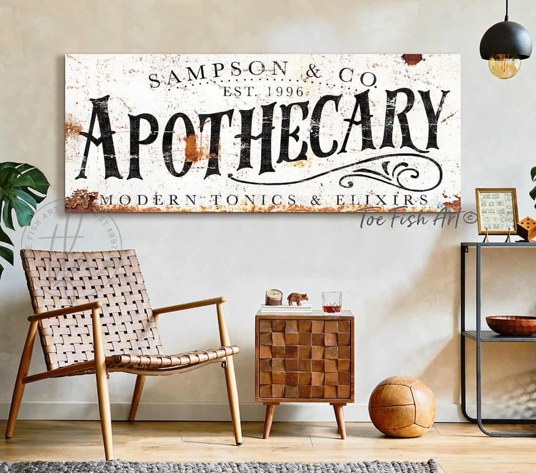 Apothecary Sign handmade by ToeFishArt. Original, custom, personalized wall decor signs. Canvas, Wood or Metal. Rustic modern farmhouse, cottagecore, vintage, retro, industrial, Americana, primitive, country, coastal, minimalist.