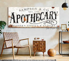 Apothecary Sign handmade by ToeFishArt. Original, custom, personalized wall decor signs. Canvas, Wood or Metal. Rustic modern farmhouse, cottagecore, vintage, retro, industrial, Americana, primitive, country, coastal, minimalist.