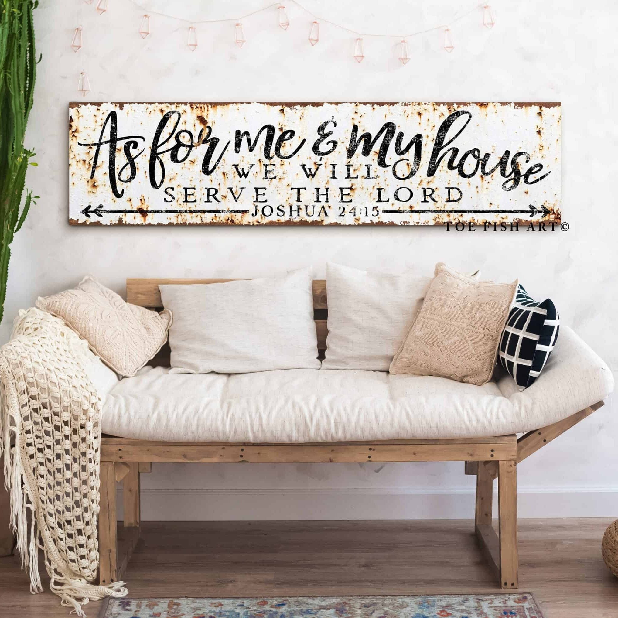As For Me & My House We Will Serve The Lord Sign handmade by ToeFishArt. Original, custom, personalized wall decor signs. Canvas, Wood or Metal. Rustic modern farmhouse, cottagecore, vintage, retro, industrial, Americana, primitive, country, coastal, minimalist.