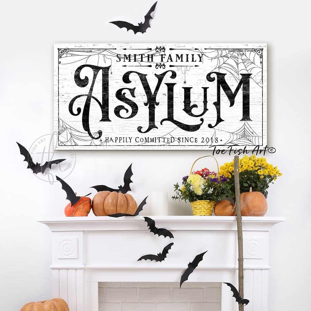 Asylum Sign handmade by ToeFishArt. Original, custom, personalized wall decor signs. Canvas, Wood or Metal. Rustic modern farmhouse, cottagecore, vintage, retro, industrial, Americana, primitive, country, coastal, minimalist.