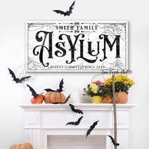 Asylum Sign handmade by ToeFishArt. Original, custom, personalized wall decor signs. Canvas, Wood or Metal. Rustic modern farmhouse, cottagecore, vintage, retro, industrial, Americana, primitive, country, coastal, minimalist.