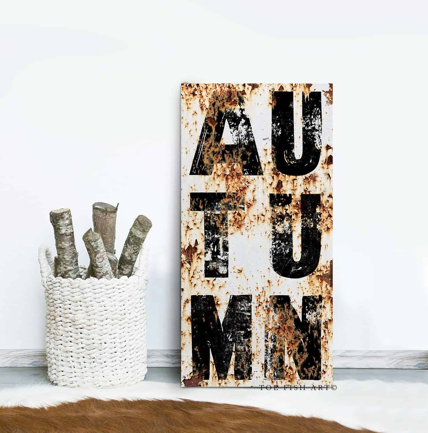 Autumn Sign handmade by ToeFishArt. Original, custom, personalized wall decor signs. Canvas, Wood or Metal. Rustic modern farmhouse, cottagecore, vintage, retro, industrial, Americana, primitive, country, coastal, minimalist.